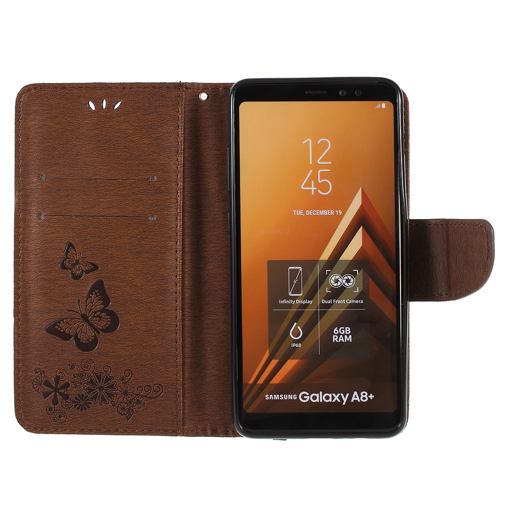 Imprinted Butterfly Flowers Wallet Stand Leather Case for Samsung Galaxy A8 (2018)