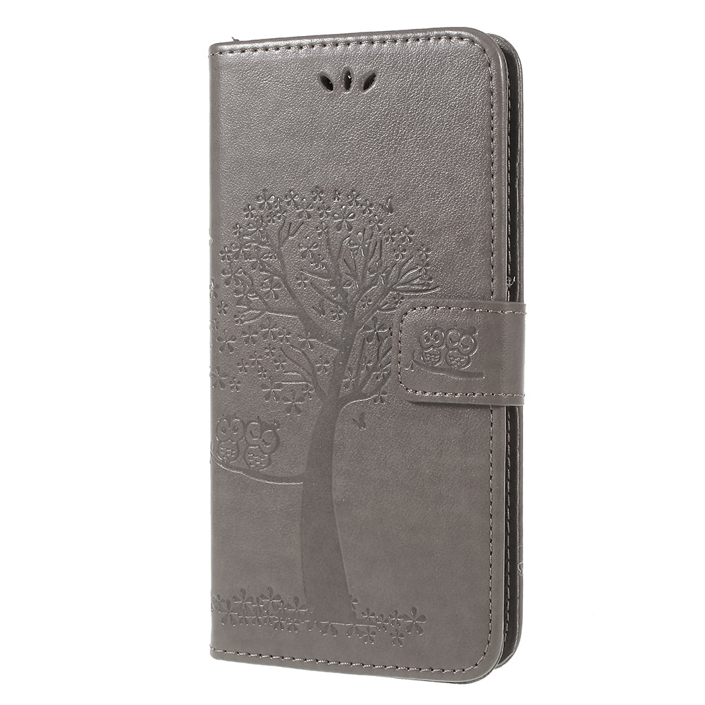 For Samsung Galaxy A6 (2018) Imprint Tree Owl Wallet Stand PU Leather Phone Case