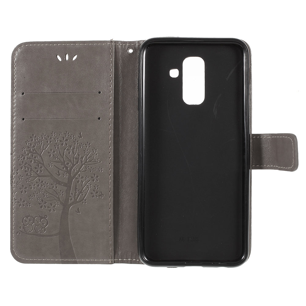 For Samsung Galaxy A6 (2018) Imprint Tree Owl Wallet Stand PU Leather Phone Case