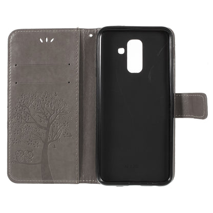 For Samsung Galaxy A6 (2018) Imprint Tree Owl Wallet Stand PU Leather Phone Case