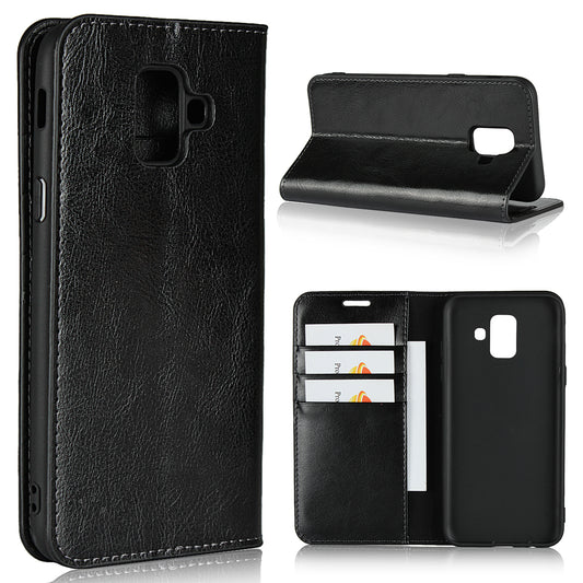 Crazy Horse Texture Wallet Stand Genuine Leather Cellphone Case for Samsung Galaxy A6 (2018)