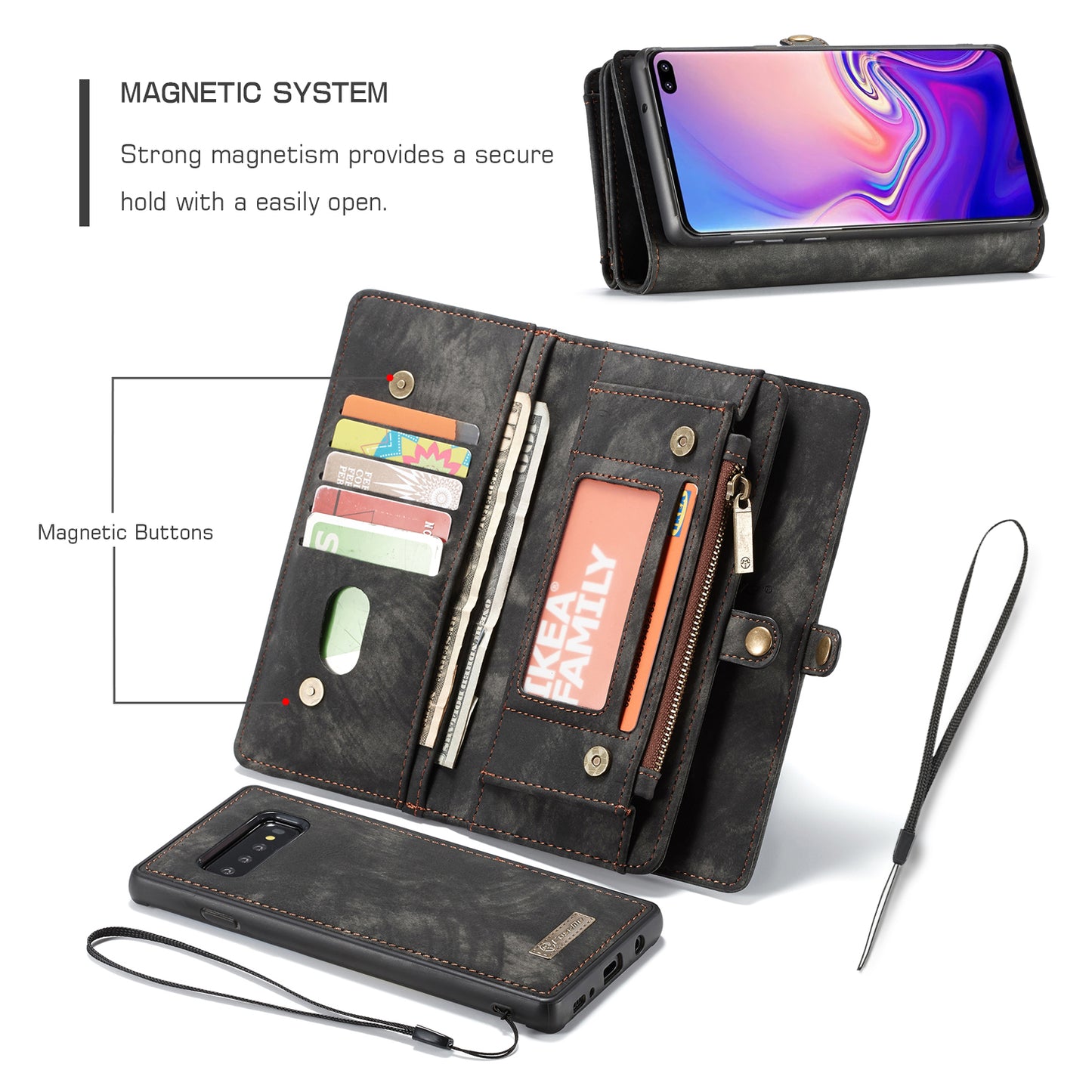 CASEME 008 Series for Samsung Galaxy S10 Plus Detachable 2-in-1 Multi-functional Wallet Split Leather Case