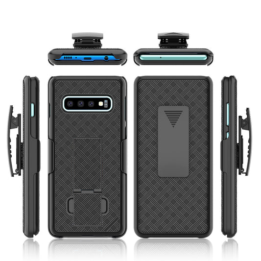 For Samsung Galaxy S10 Plus Swivel Belt Clip Kickstand Holster PC TPU Hybrid Cover [Woven Texture ]