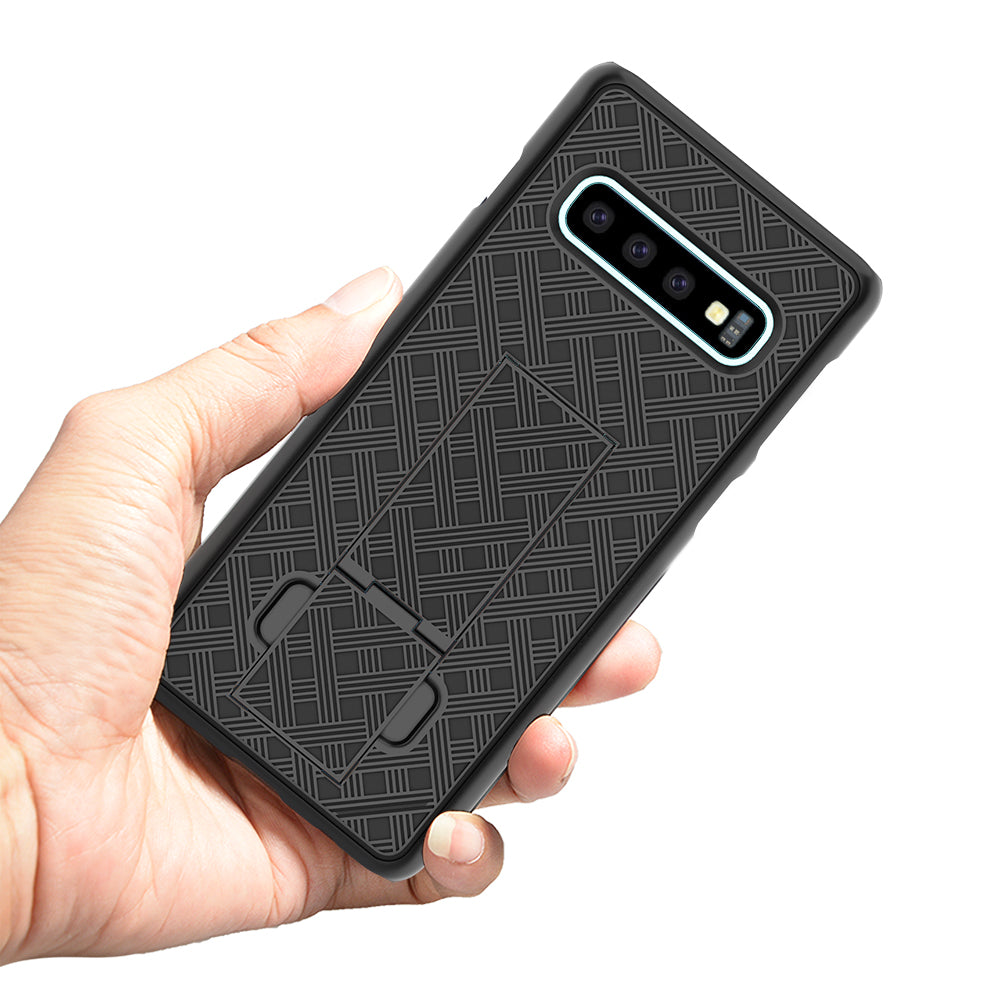 For Samsung Galaxy S10 Plus Swivel Belt Clip Kickstand Holster PC TPU Hybrid Cover [Woven Texture ]