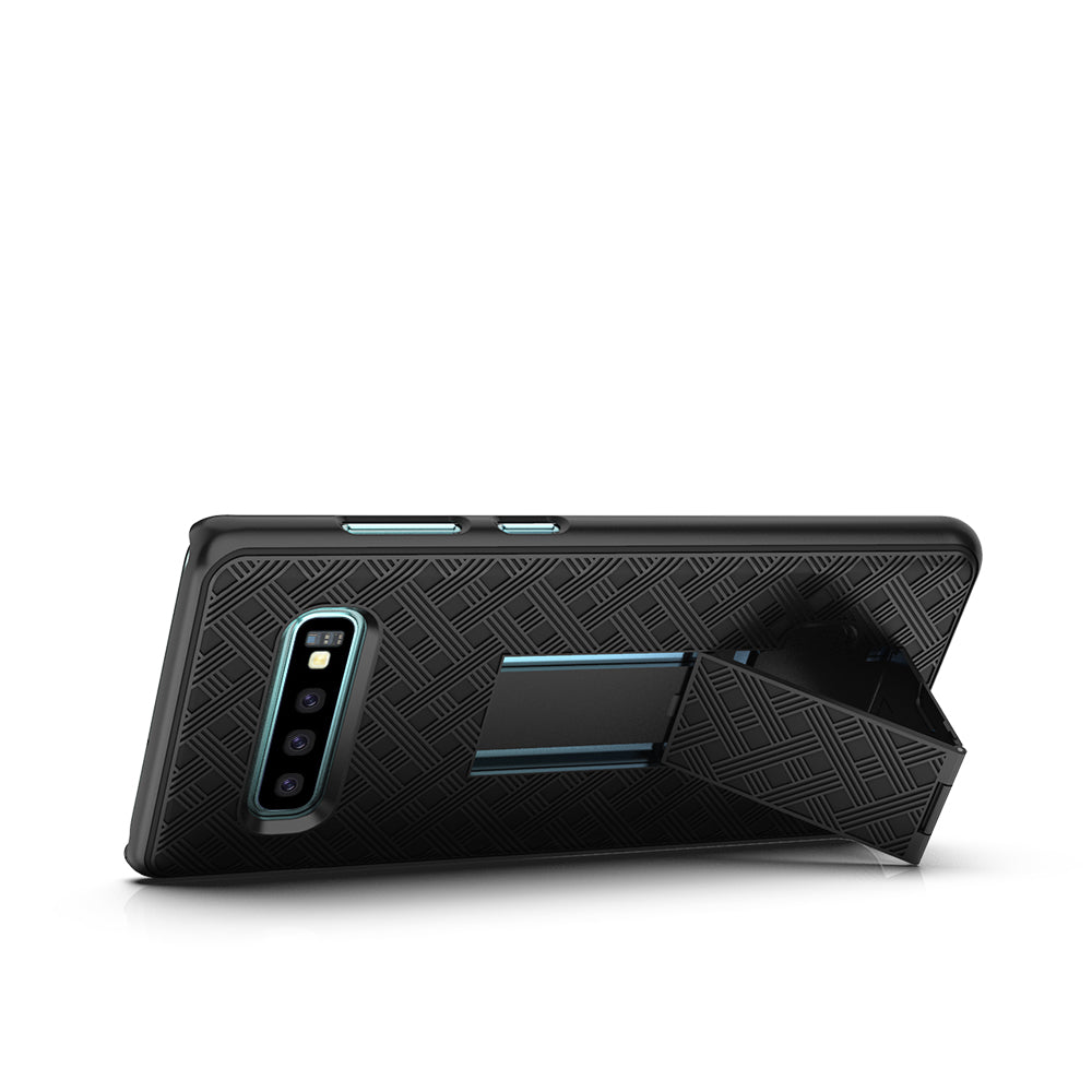 For Samsung Galaxy S10 Plus Swivel Belt Clip Kickstand Holster PC TPU Hybrid Cover [Woven Texture ]