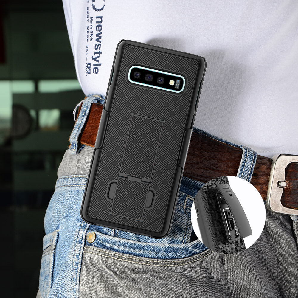 For Samsung Galaxy S10 Plus Swivel Belt Clip Kickstand Holster PC TPU Hybrid Cover [Woven Texture ]