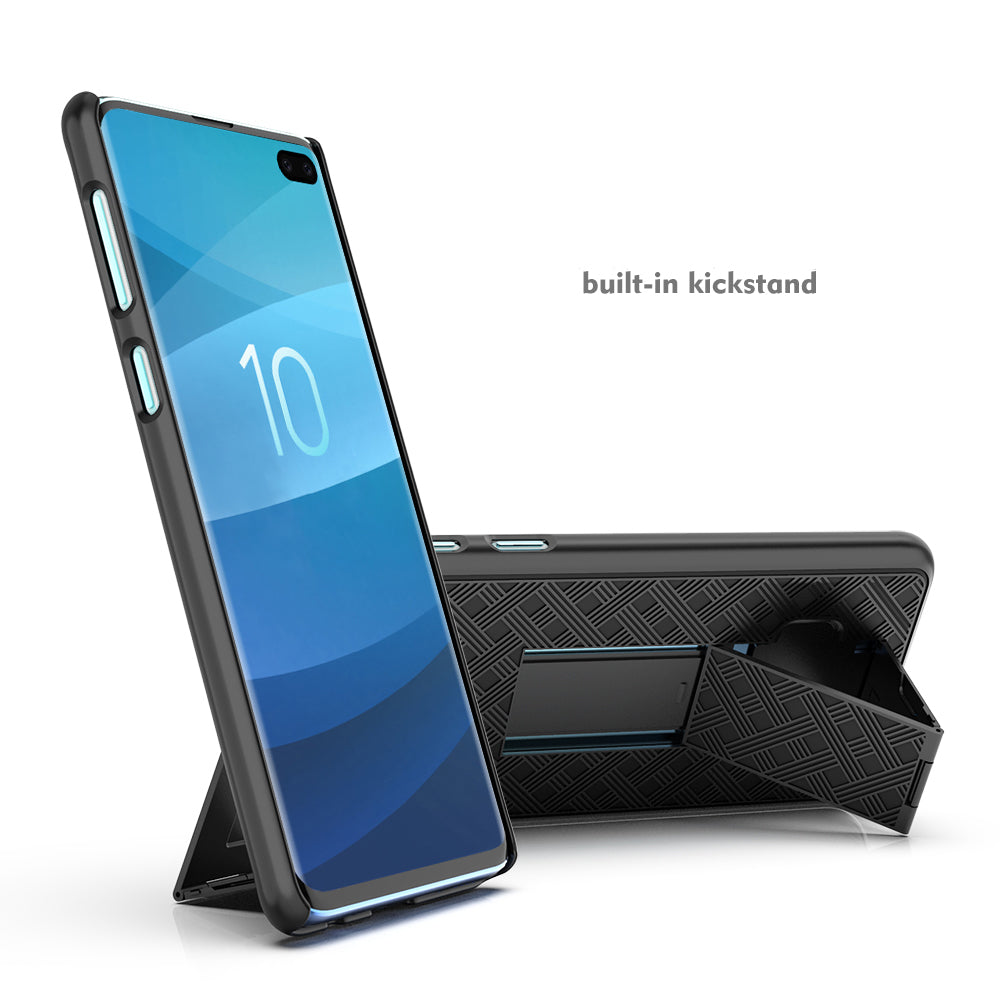 For Samsung Galaxy S10 Plus Swivel Belt Clip Kickstand Holster PC TPU Hybrid Cover [Woven Texture ]