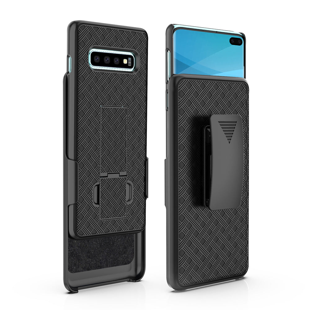 For Samsung Galaxy S10 Plus Swivel Belt Clip Kickstand Holster PC TPU Hybrid Cover [Woven Texture ]