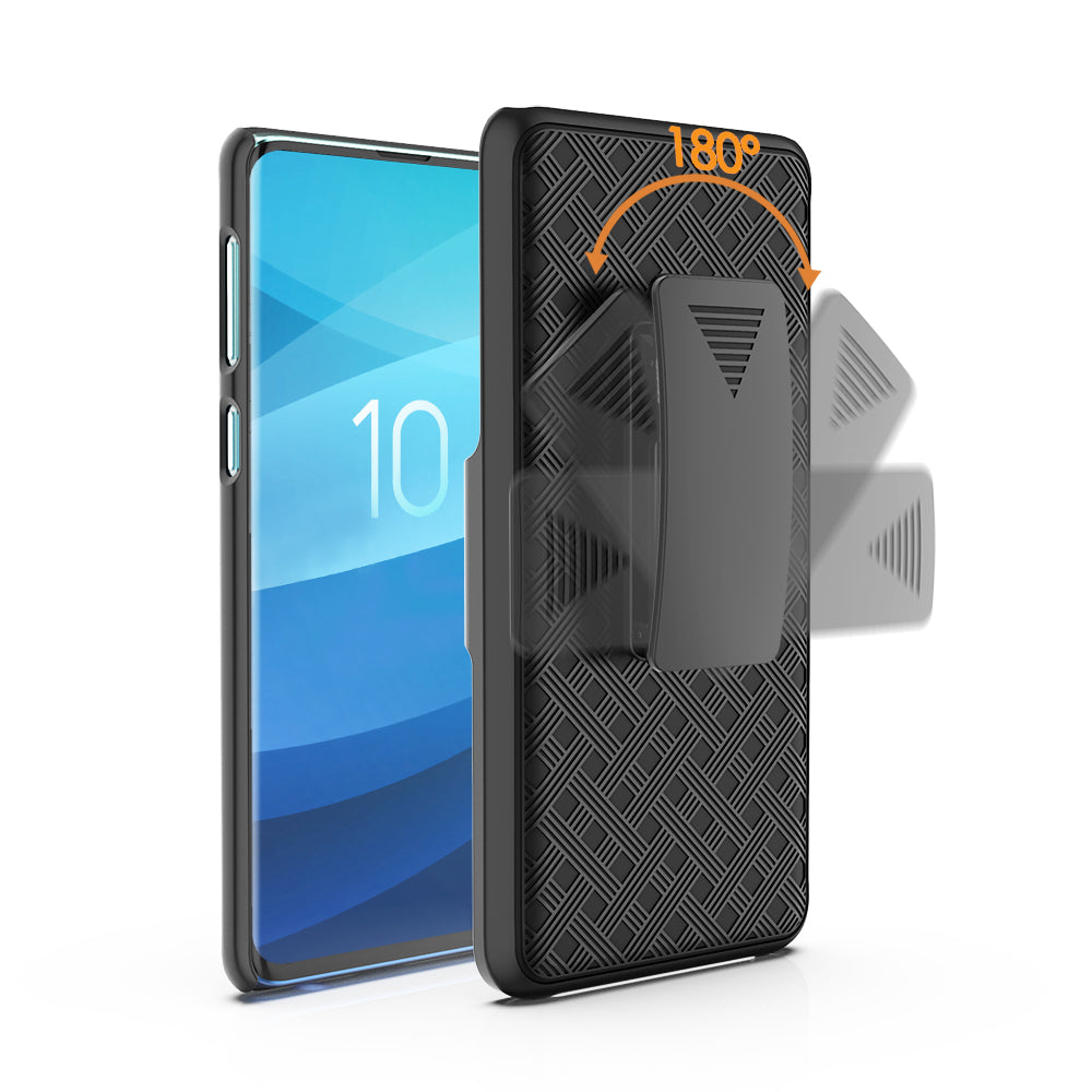 For Samsung Galaxy S10 Plus Swivel Belt Clip Kickstand Holster PC TPU Hybrid Cover [Woven Texture ]