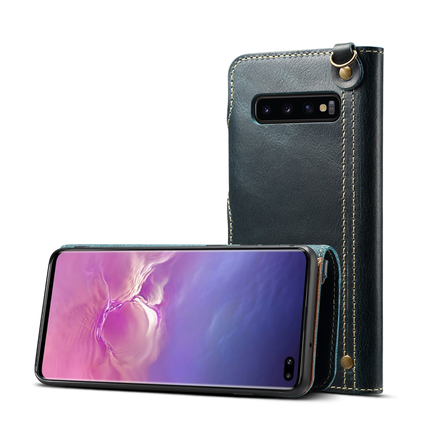 Genuine Wallet Leather Phone Cover with Lanyard for Samsung Galaxy S10 Plus