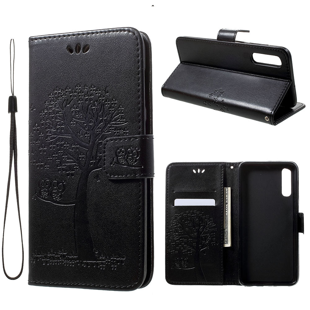 Imprint Tree Owl Wallet Stand Leather Phone Casing for Samsung Galaxy A50 / A50s / A30s