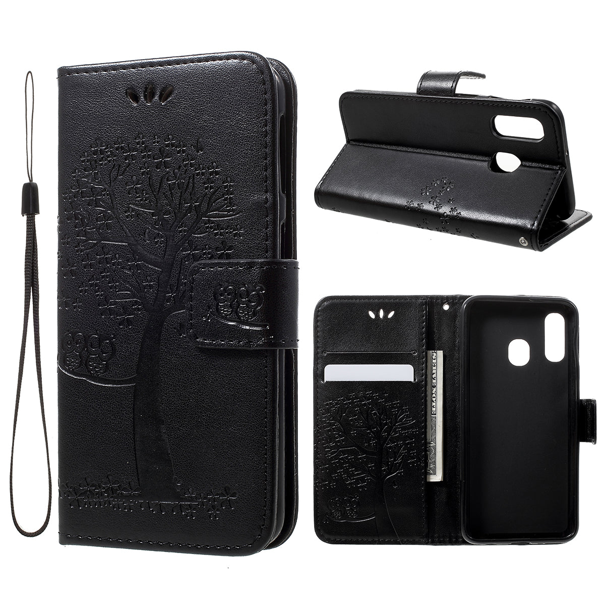 Imprint Tree Owl Leather Wallet Case for Samsung Galaxy A40