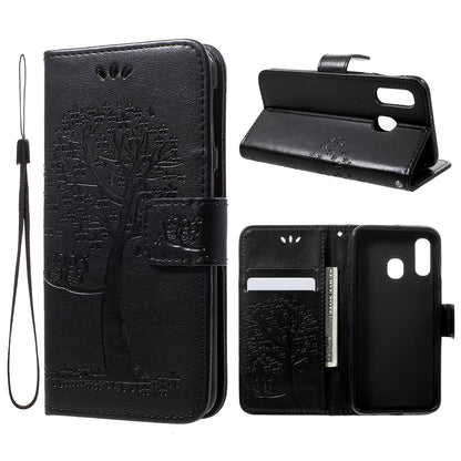 Imprint Tree Owl Leather Wallet Case for Samsung Galaxy A40