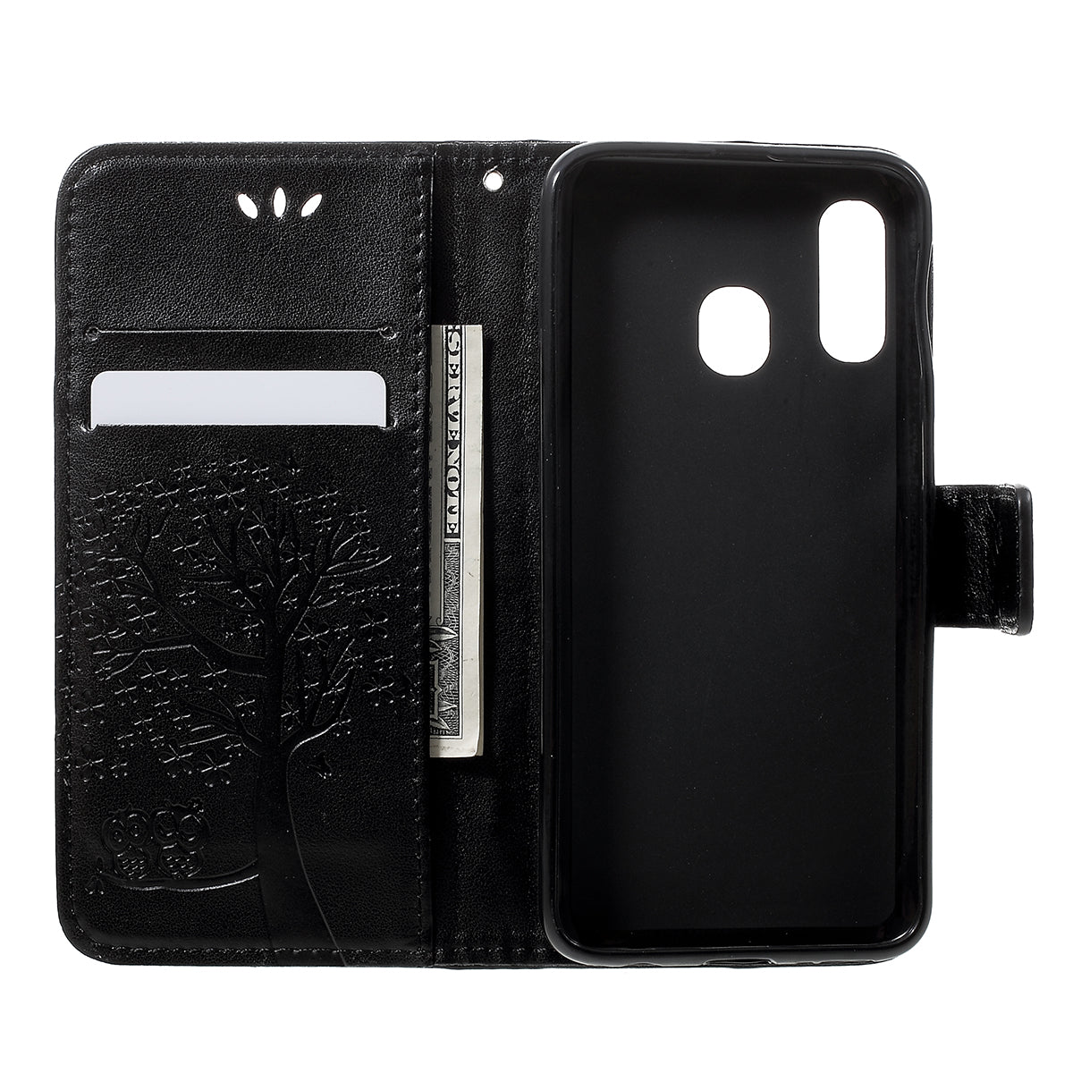 Imprint Tree Owl Leather Wallet Case for Samsung Galaxy A40