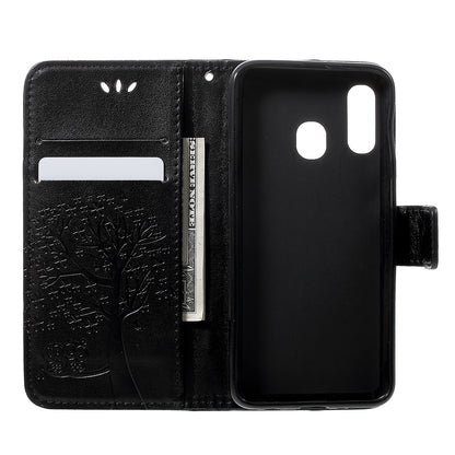 Imprint Tree Owl Leather Wallet Case for Samsung Galaxy A40