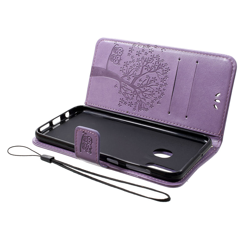 Imprint Tree Owl Leather Cover with Wallet Stand for Samsung Galaxy A30/A20