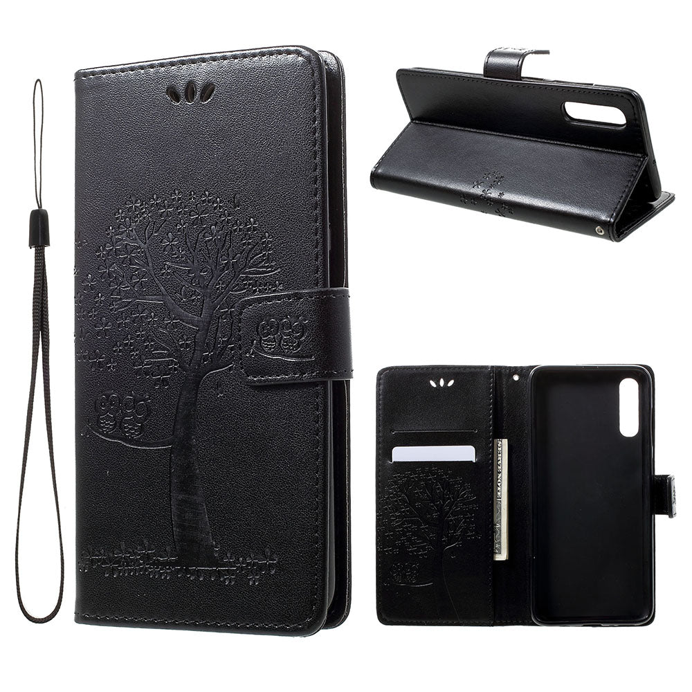 For Samsung Galaxy A70 Imprint Tree Owl Leather Wallet Stand Mobile Cover