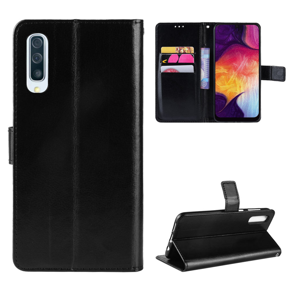 Crazy Horse Leather Wallet Stand Phone Cover with Strap for Samsung Galaxy A50 / A50s / A30s