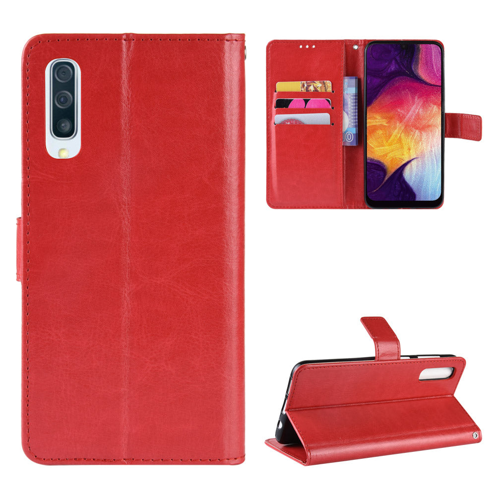 Crazy Horse Leather Wallet Stand Phone Cover with Strap for Samsung Galaxy A50 / A50s / A30s