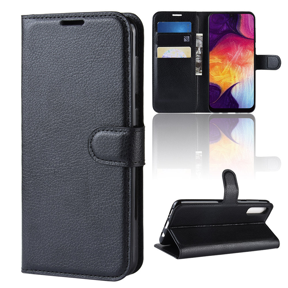 Litchi Skin Wallet Leather Stand Case for Samsung Galaxy A50 / A50s / A30s Cell Phone Case