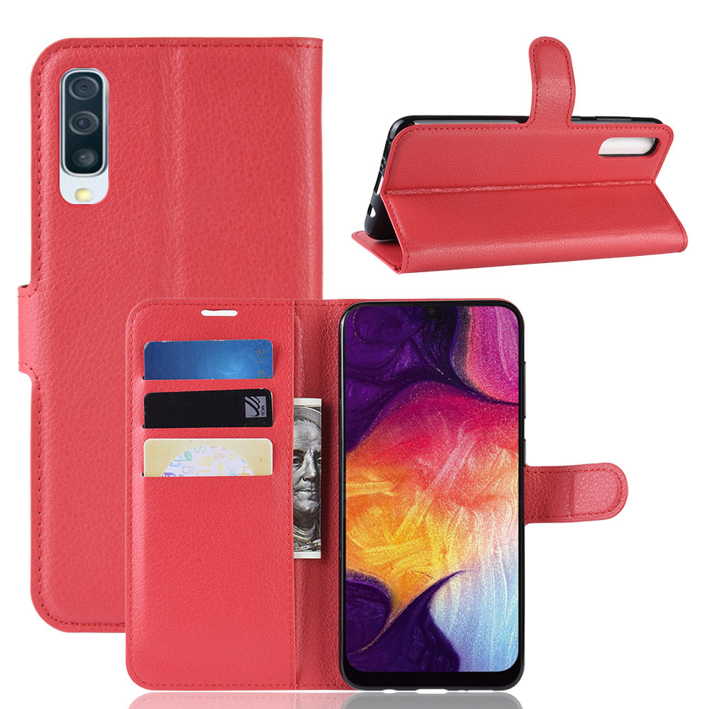 Litchi Skin Wallet Leather Stand Case for Samsung Galaxy A50 / A50s / A30s Cell Phone Case