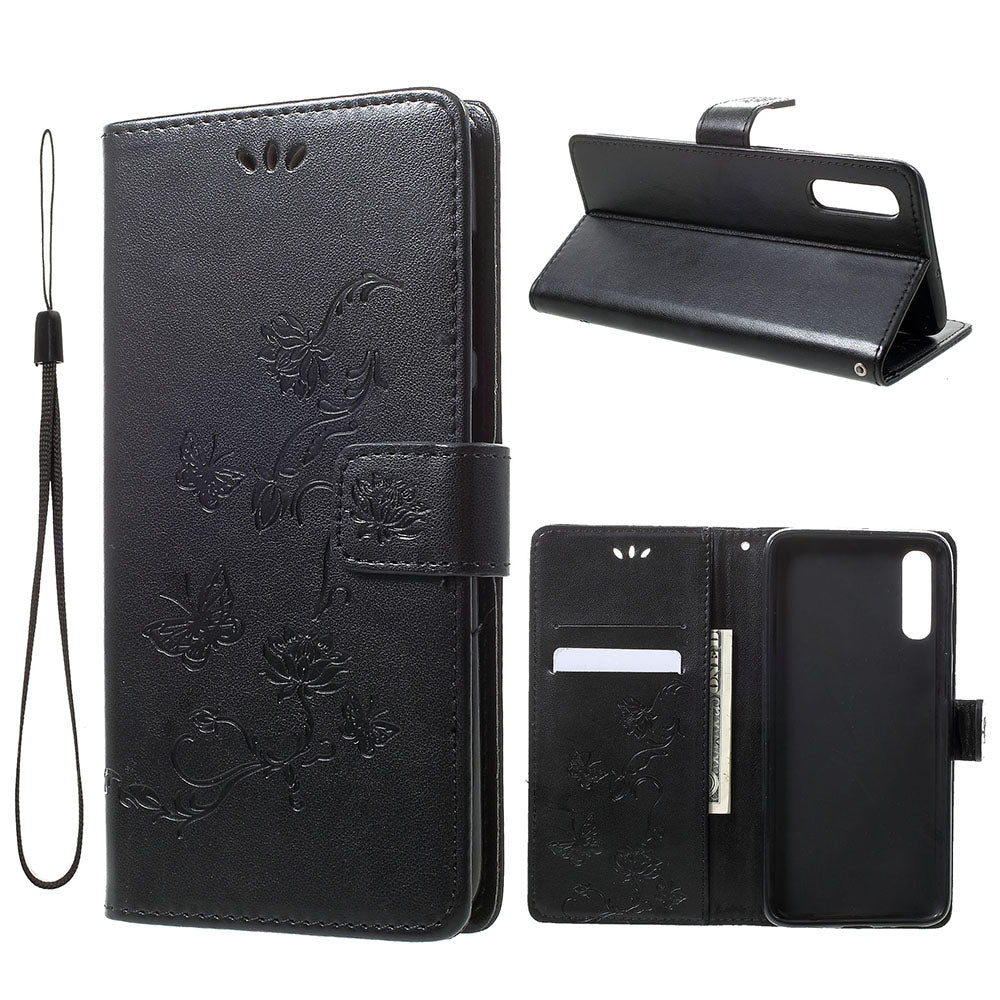 Imprint Butterfly Flowers Leather Wallet Stand Case for Samsung Galaxy A70