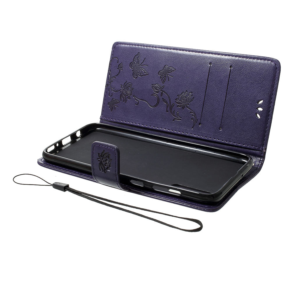 Imprint Butterfly Flowers Leather Wallet Stand Case for Samsung Galaxy A70