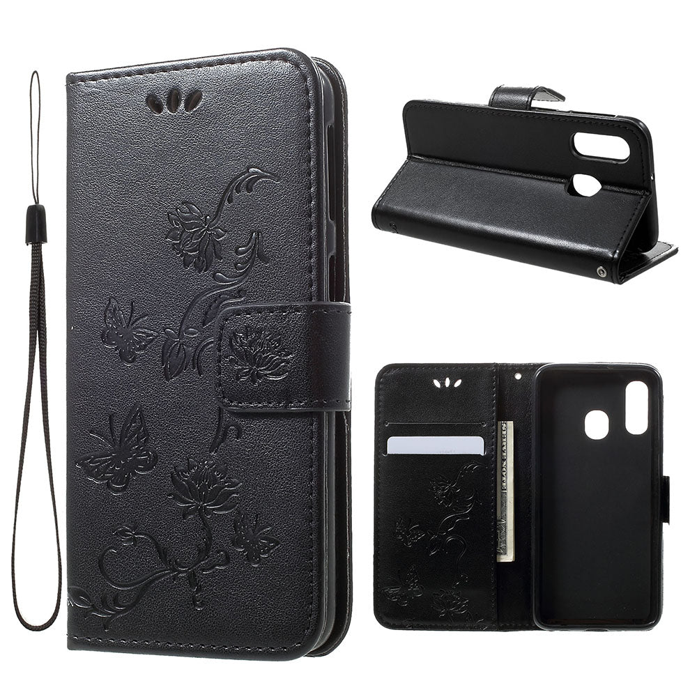 Imprint Butterfly Flower Stand Wallet Leather Shell Case for Samsung Galaxy A40