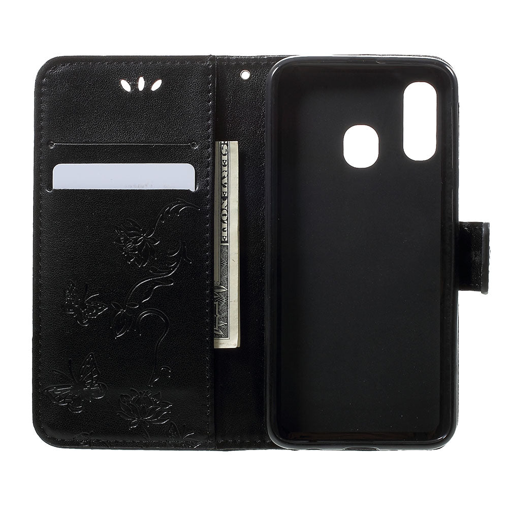 Imprint Butterfly Flower Stand Wallet Leather Shell Case for Samsung Galaxy A40