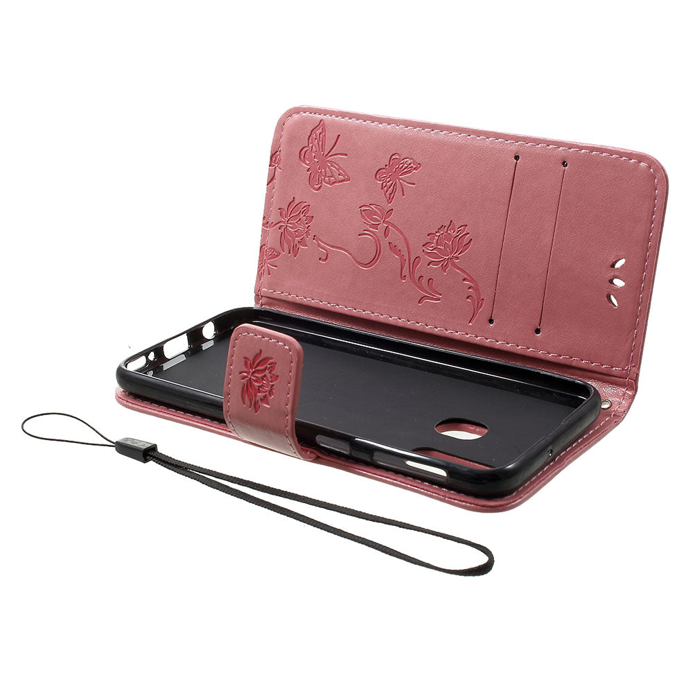 Imprint Butterfly Flower Stand Wallet Leather Shell Case for Samsung Galaxy A40