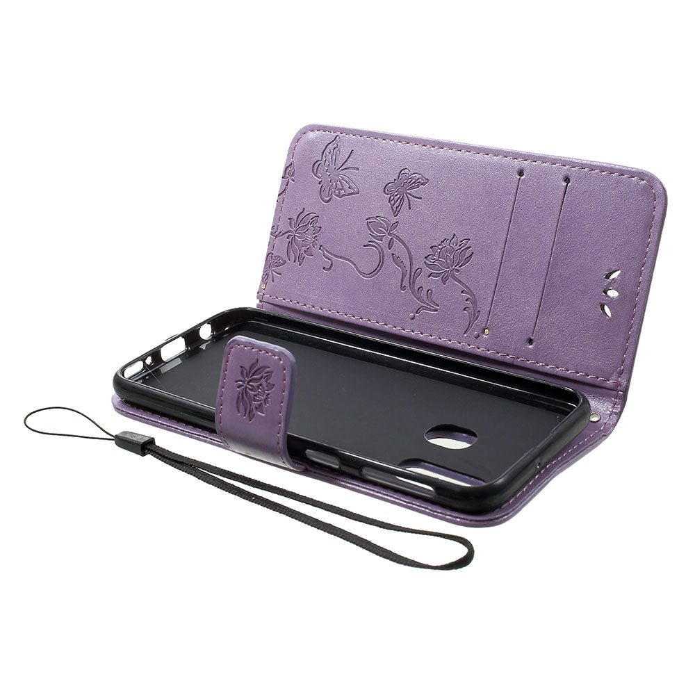 Imprint Butterfly Flower Stand Wallet Leather Shell Case for Samsung Galaxy A40