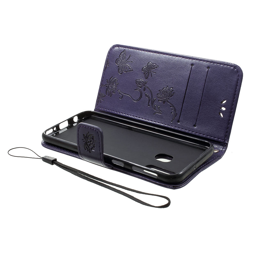 Imprint Butterfly Flower Stand Wallet Leather Shell Case for Samsung Galaxy A40