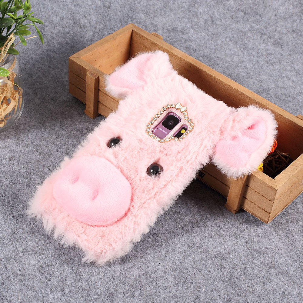 3D Cute Pig Pattern Soft Fur Coated Rhinestone TPU Phone Case Cover for Samsung Galaxy S9