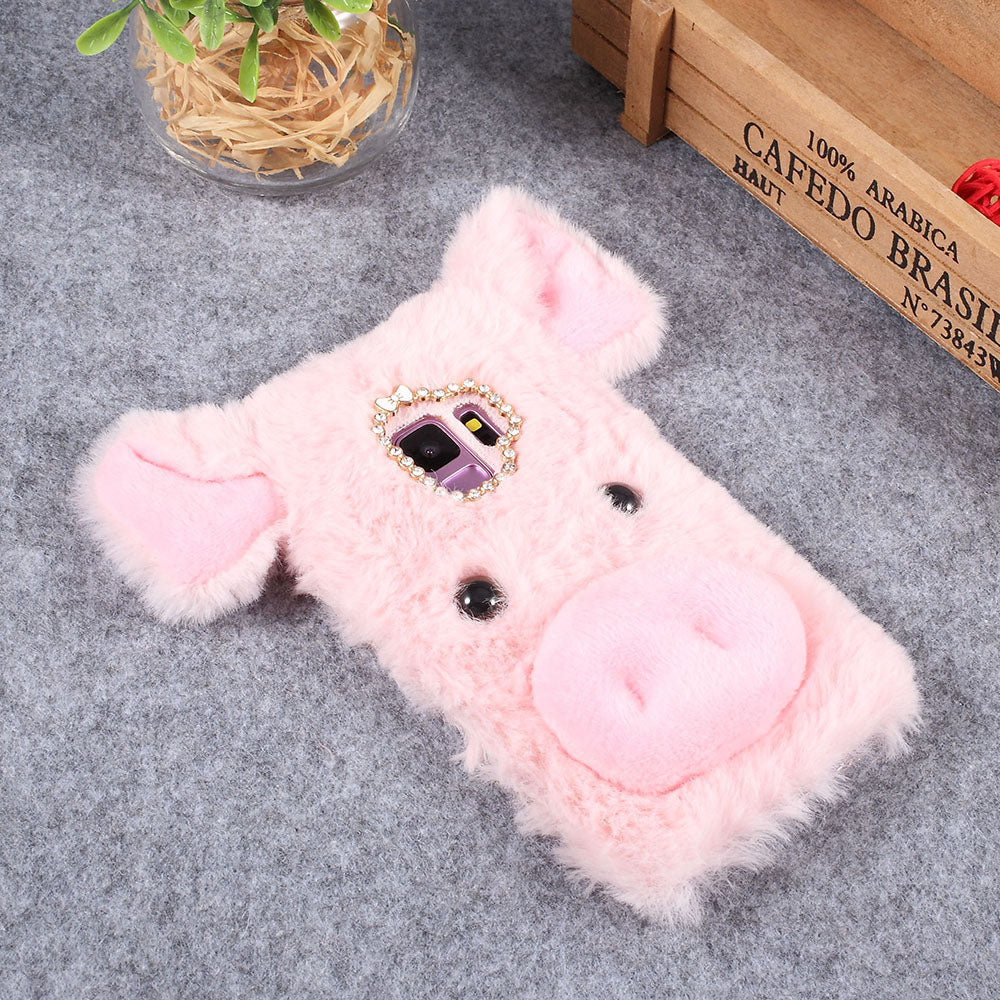 3D Cute Pig Pattern Soft Fur Coated Rhinestone TPU Phone Case Cover for Samsung Galaxy S9