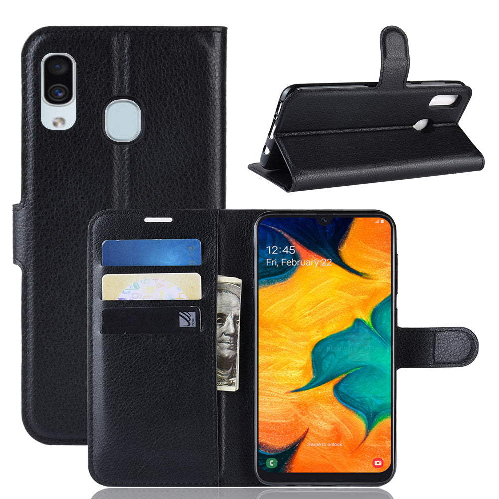 Litchi Skin PU Leather Wallet Stand Mobile Casing for Samsung Galaxy A30 / A20