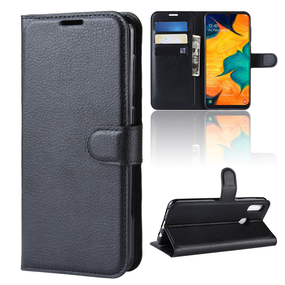 Litchi Skin PU Leather Wallet Stand Mobile Casing for Samsung Galaxy A30 / A20