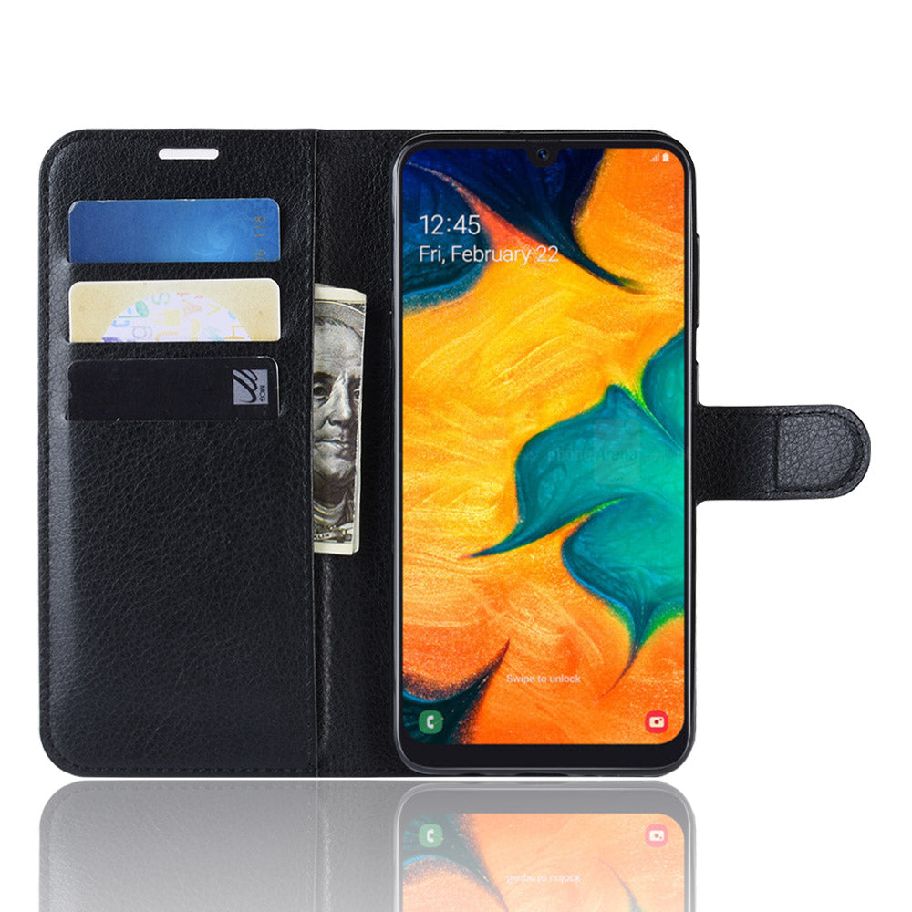 Litchi Skin PU Leather Wallet Stand Mobile Casing for Samsung Galaxy A30 / A20