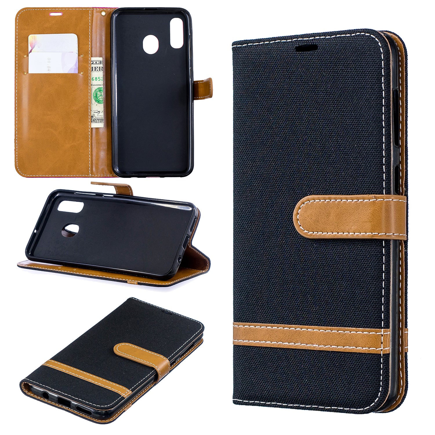 Two-tone Jean Cloth PU Leather Flip Case for Samsung Galaxy A20 / A30
