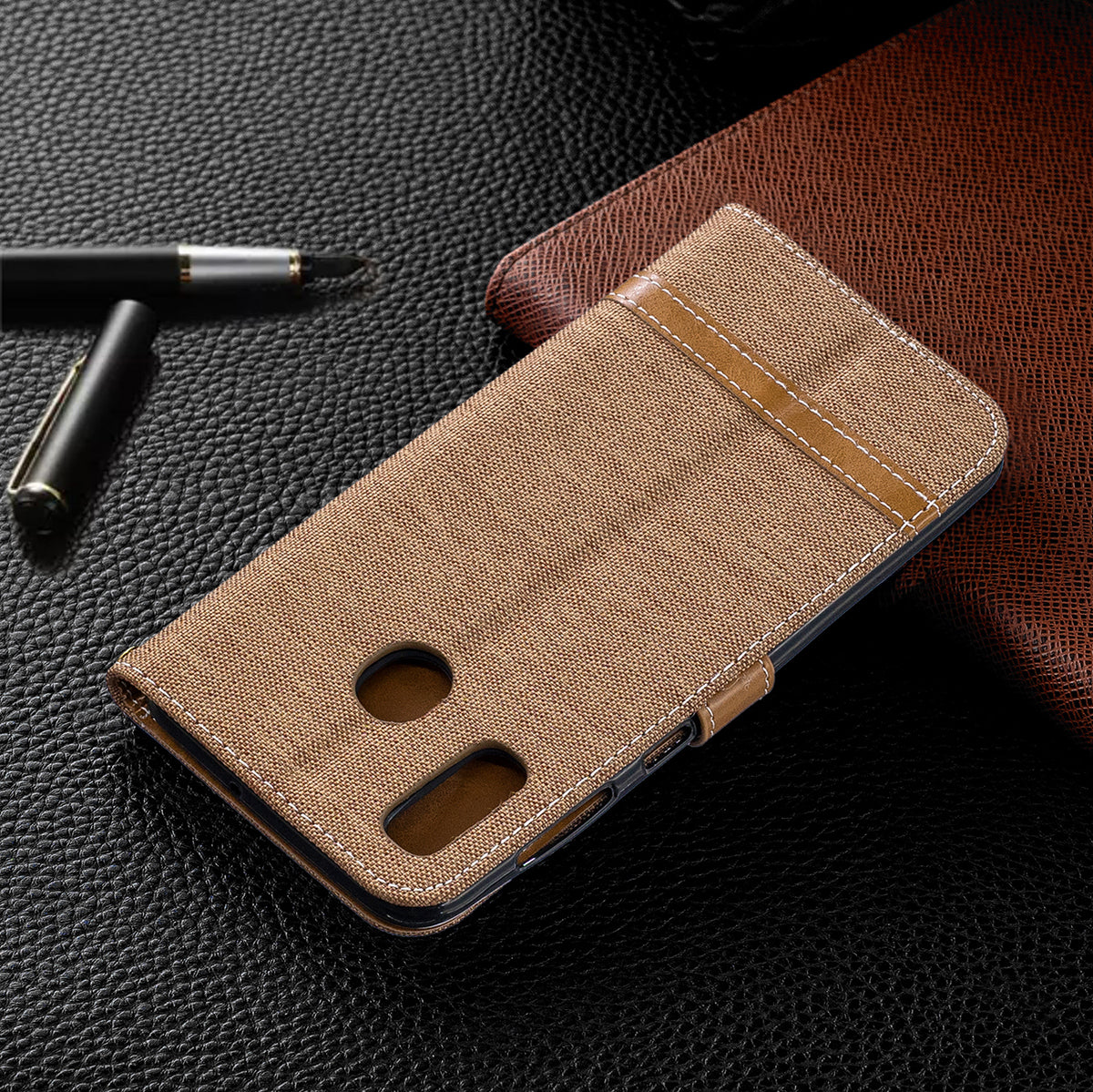 Two-tone Jean Cloth PU Leather Flip Case for Samsung Galaxy A20 / A30