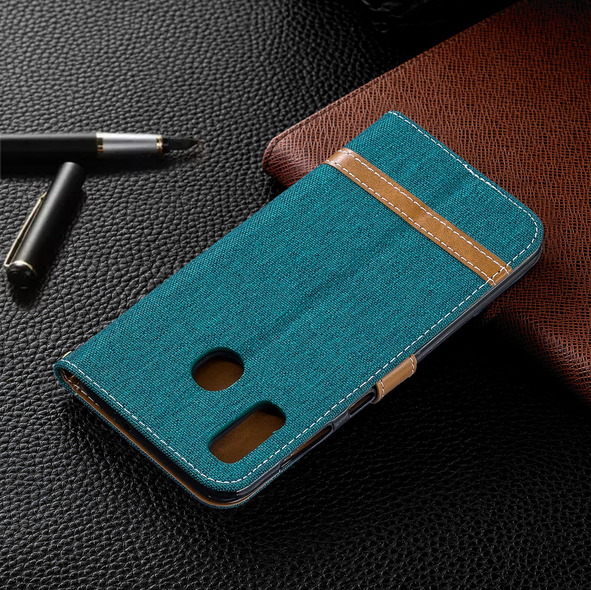 Two-tone Jean Cloth PU Leather Flip Case for Samsung Galaxy A20 / A30