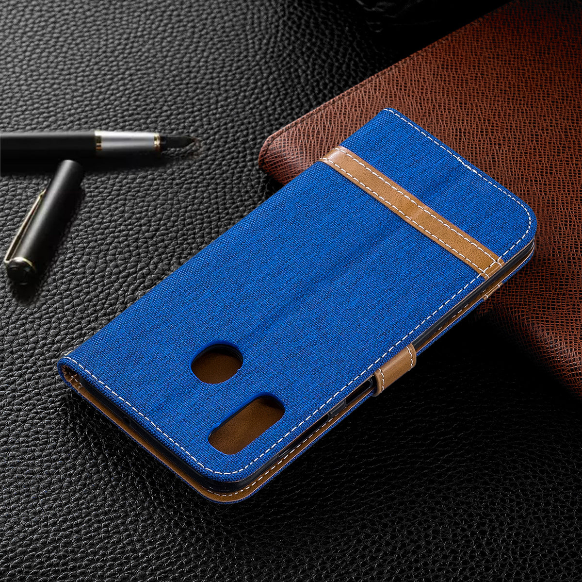 Two-tone Jean Cloth PU Leather Flip Case for Samsung Galaxy A20 / A30