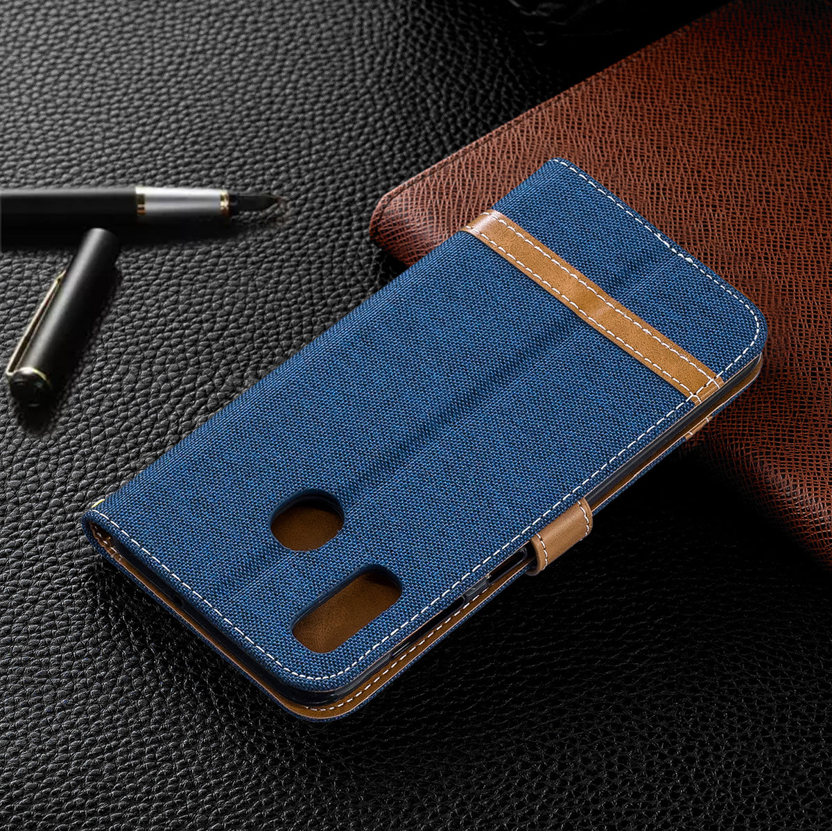 Two-tone Jean Cloth PU Leather Flip Case for Samsung Galaxy A20 / A30
