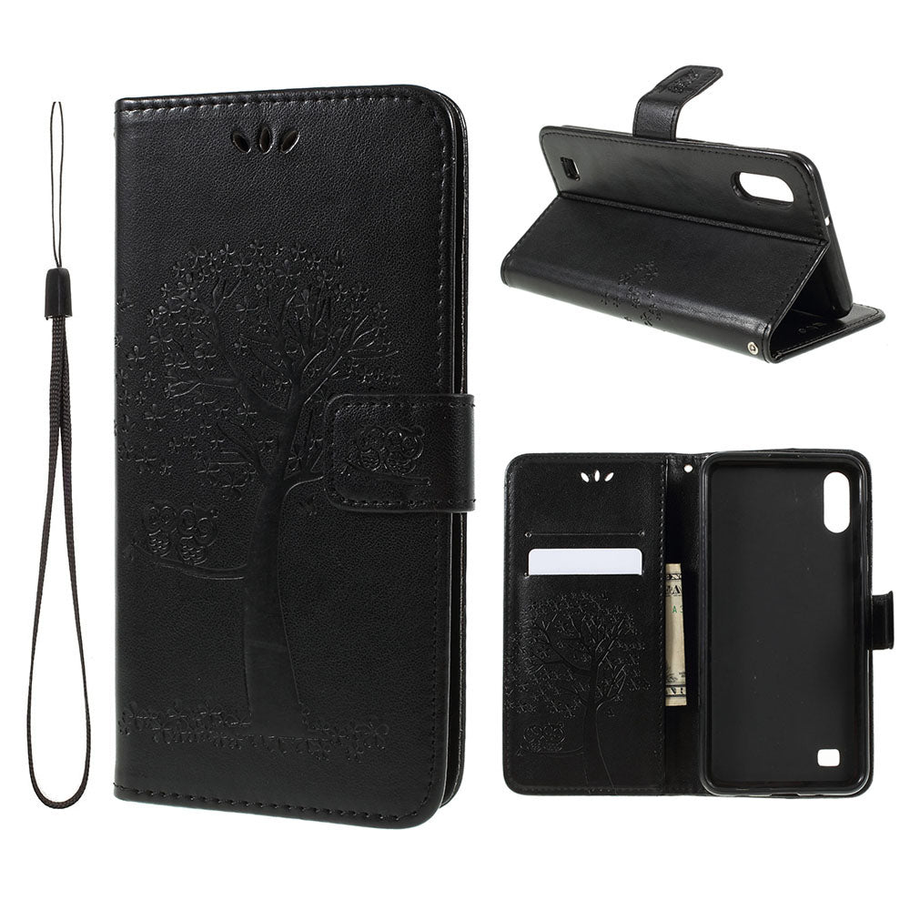 Imprint Tree Owl Magnetic Wallet PU Leather Cover with Stand for Samsung Galaxy A10