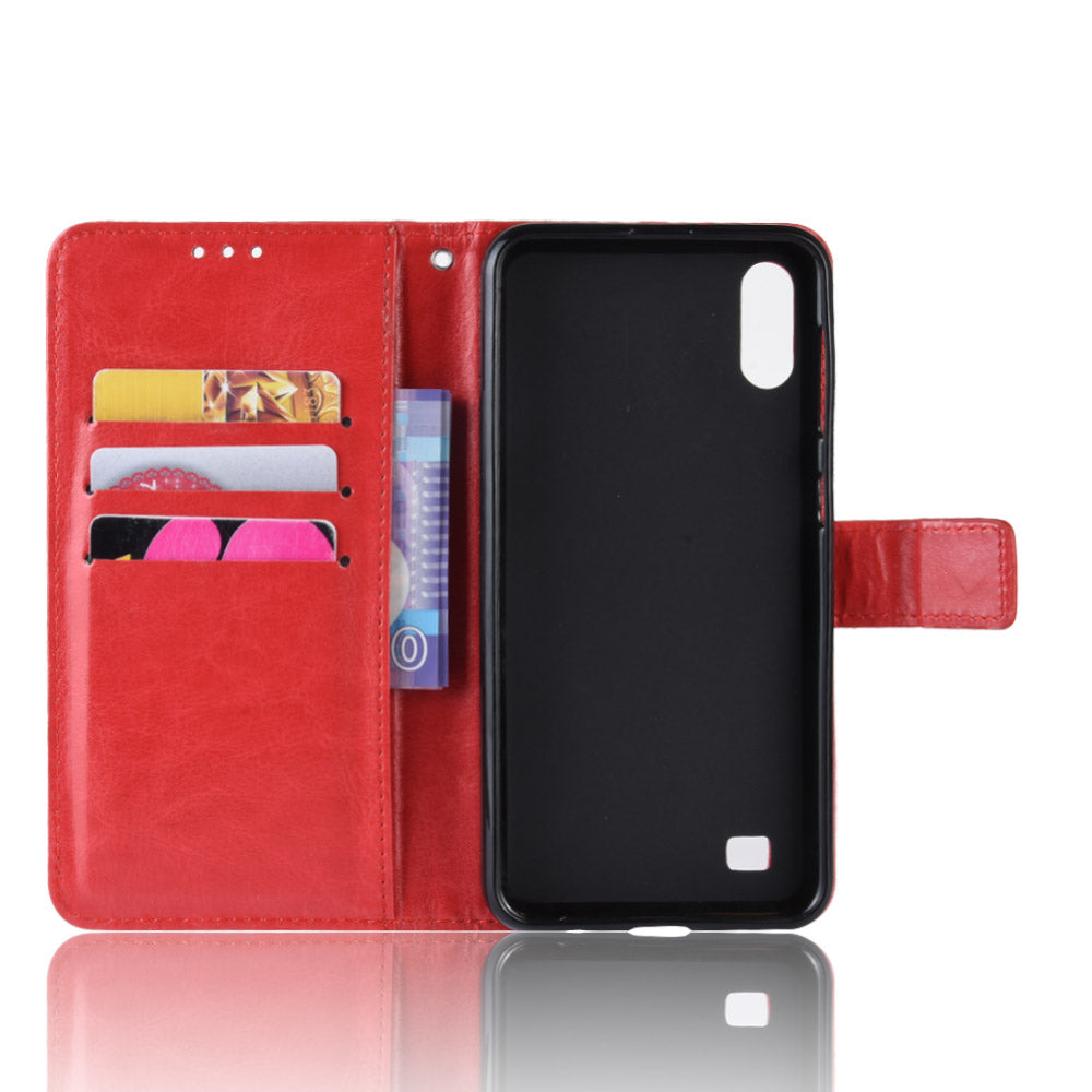 Crazy Horse Leather Wallet Cover with Strap for Samsung Galaxy A10