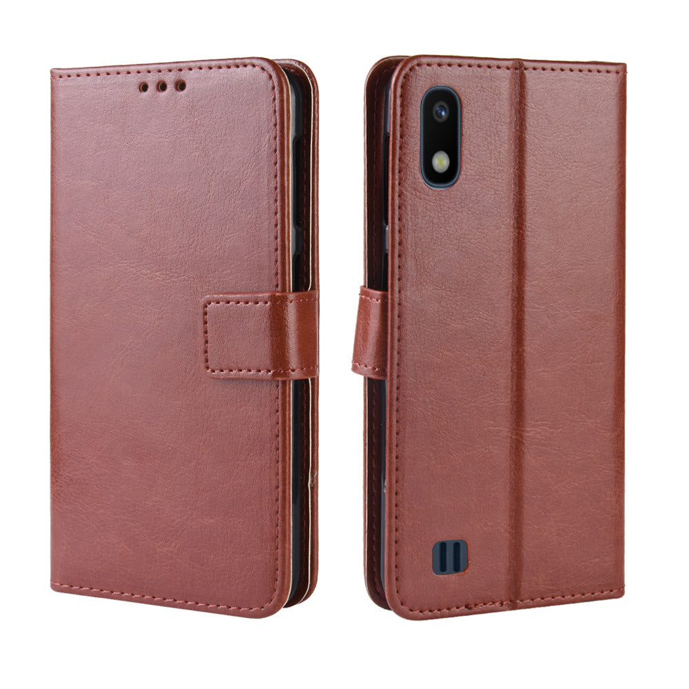 Crazy Horse Leather Wallet Cover with Strap for Samsung Galaxy A10