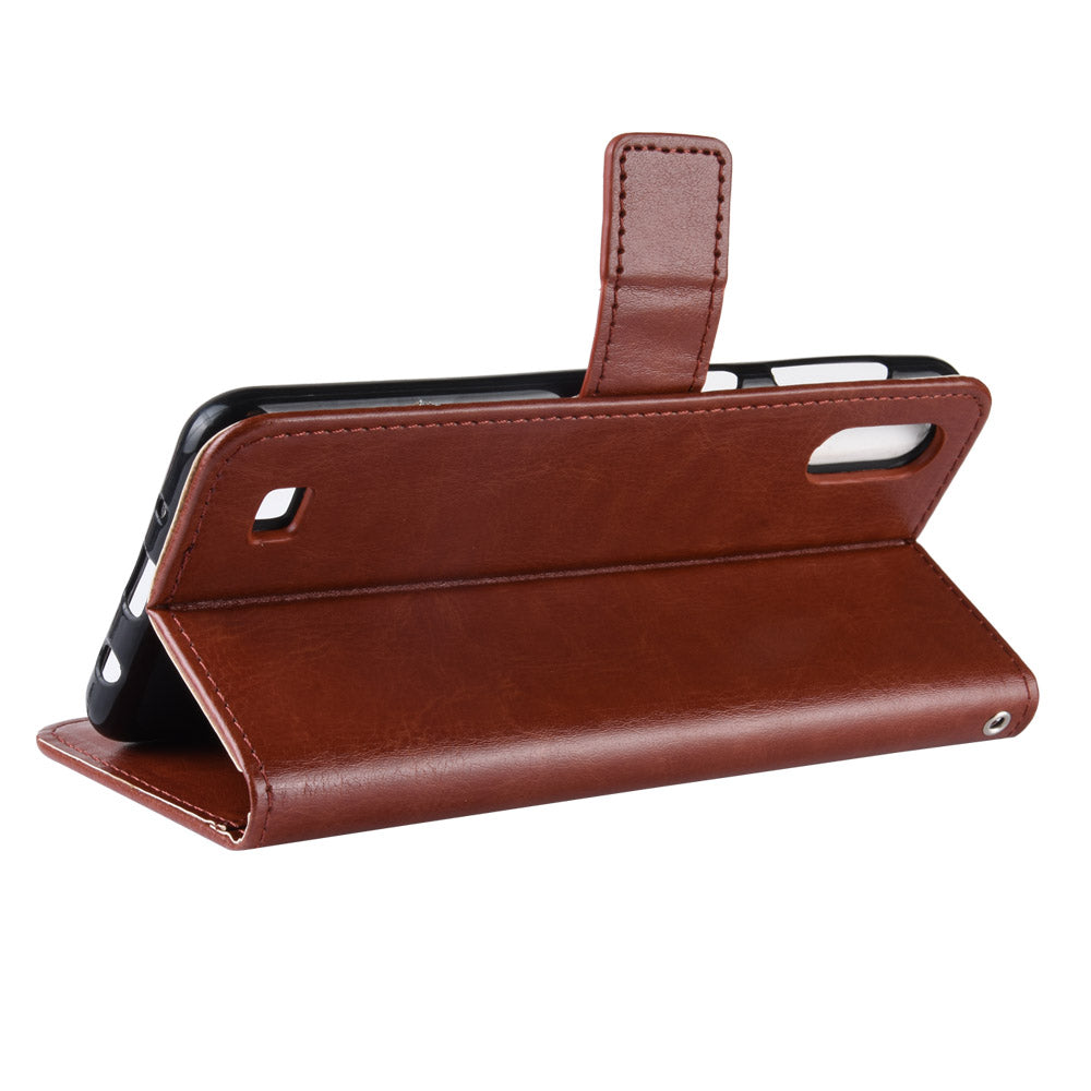 Crazy Horse Leather Wallet Cover with Strap for Samsung Galaxy A10