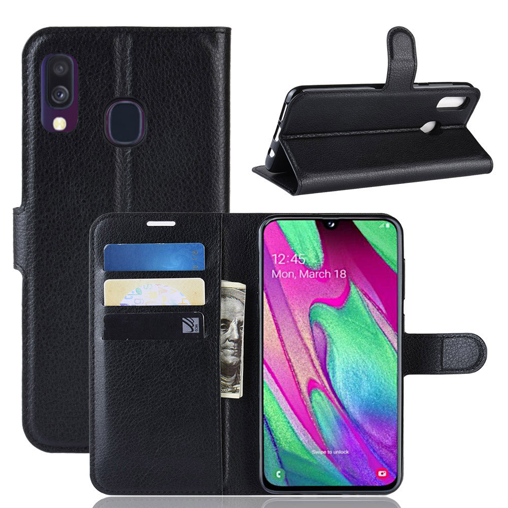 Litchi Skin PU Leather Phone Cover Shell with 3 Card Slots for Samsung Galaxy A40 Cell Phone Accessory