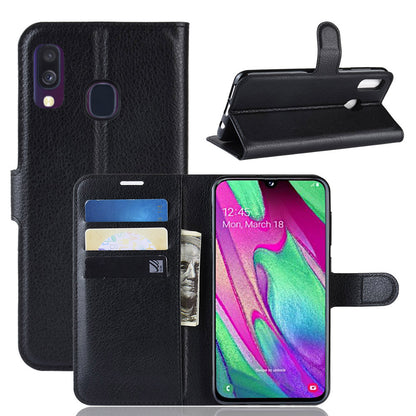 Litchi Skin PU Leather Phone Cover Shell with 3 Card Slots for Samsung Galaxy A40 Cell Phone Accessory