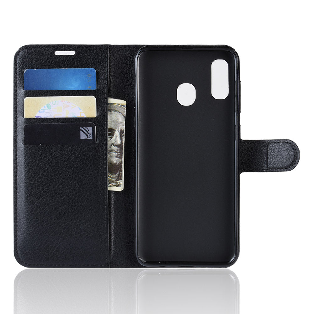 Litchi Skin PU Leather Phone Cover Shell with 3 Card Slots for Samsung Galaxy A40 Cell Phone Accessory