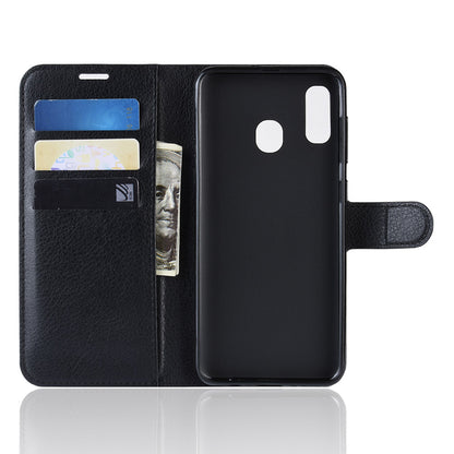 Litchi Skin PU Leather Phone Cover Shell with 3 Card Slots for Samsung Galaxy A40 Cell Phone Accessory